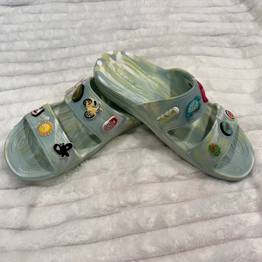 Classic Crocs Marblized Sandal Pure Water/Multi Men's 9 Women's 11‎ with Jibbitz